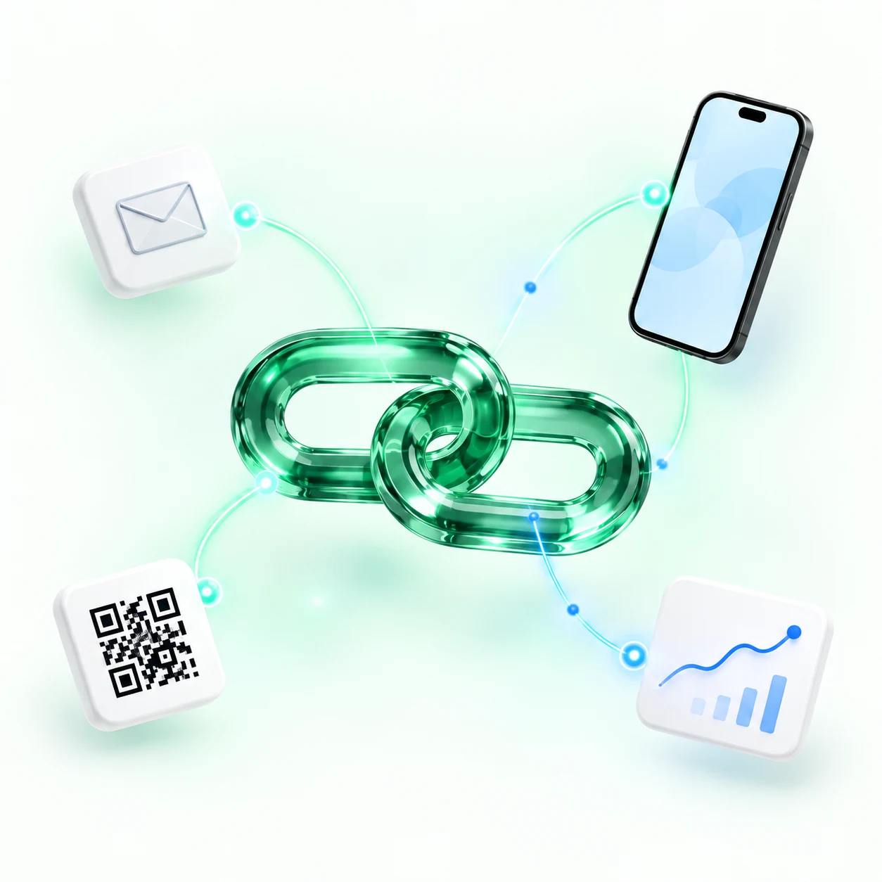 Emerald glass links connect an email tile, QR card and phone to a blue analytics curve