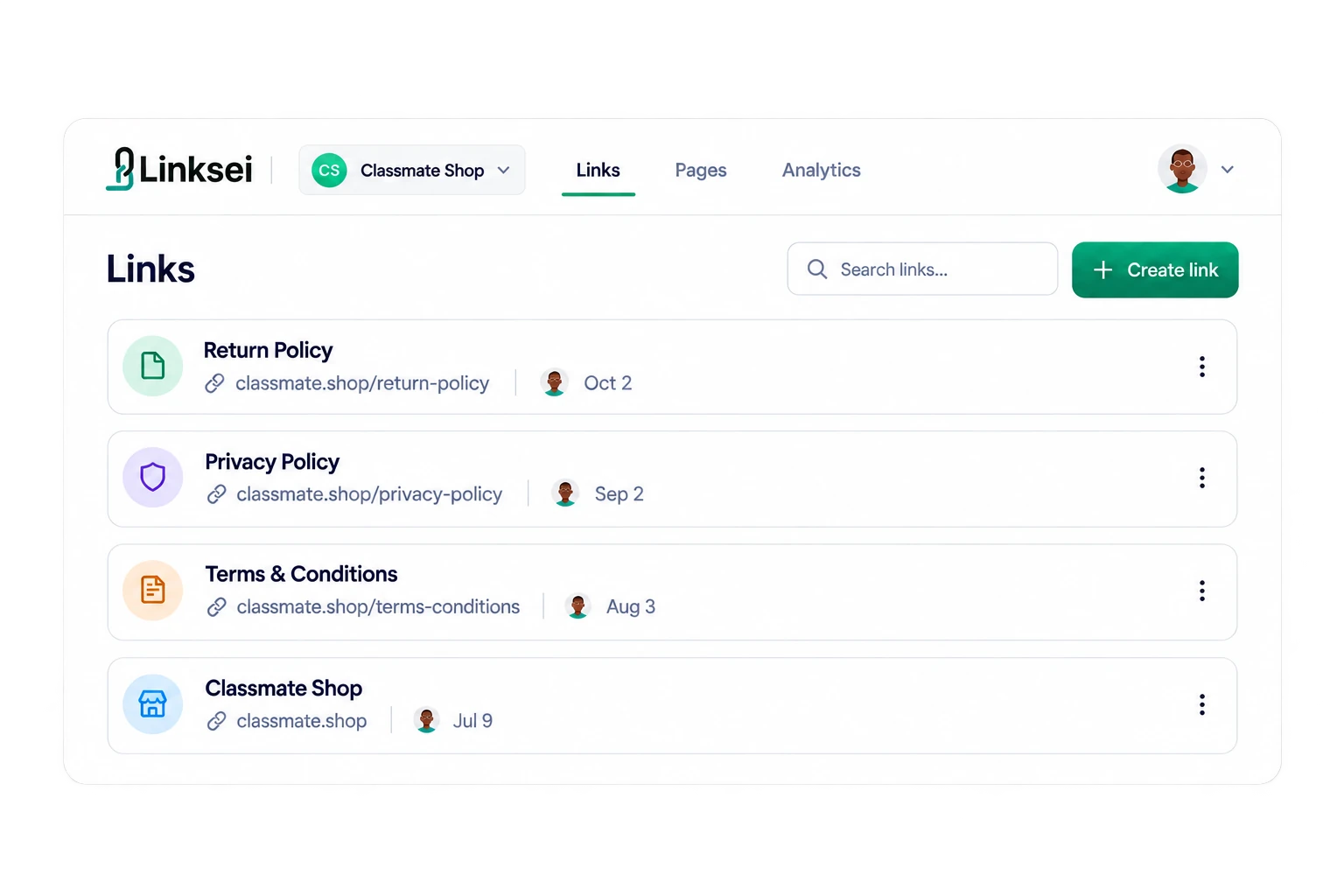 Illustrative Linksei link management interface with search and organized links