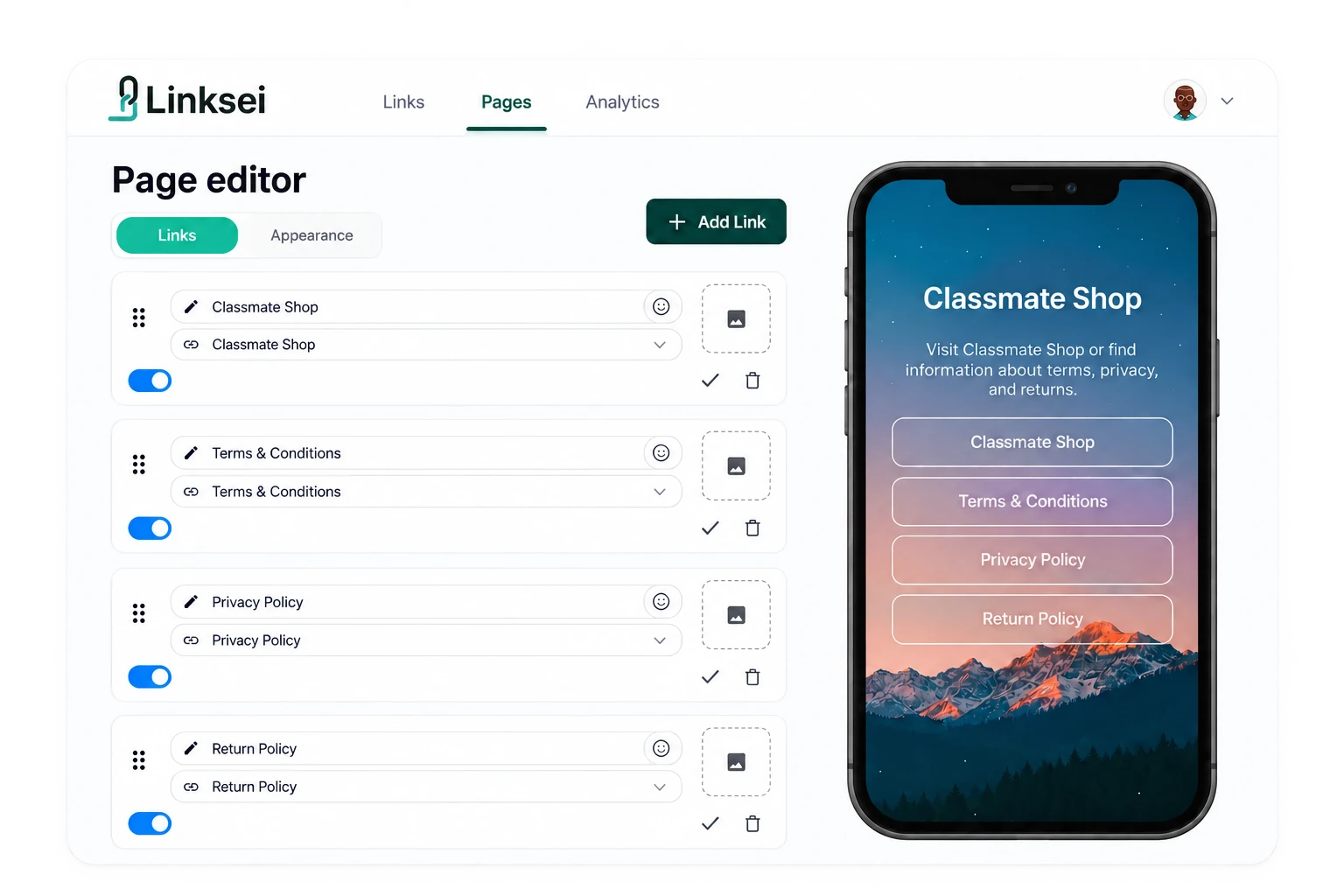 Illustrative Linksei page editor and complete mobile page preview